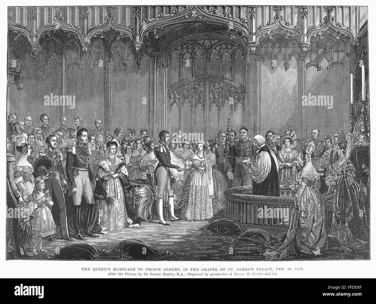WEDDING OF QUEEN VICTORIA. /nThe wedding of Queen Victoria and Prince Albert of Saxe-Coburg-Gotha in the chapel of St.James's Palace, London, 10 February 1840. Line engraving after a painting by Sir George Hayter. Stock Photo