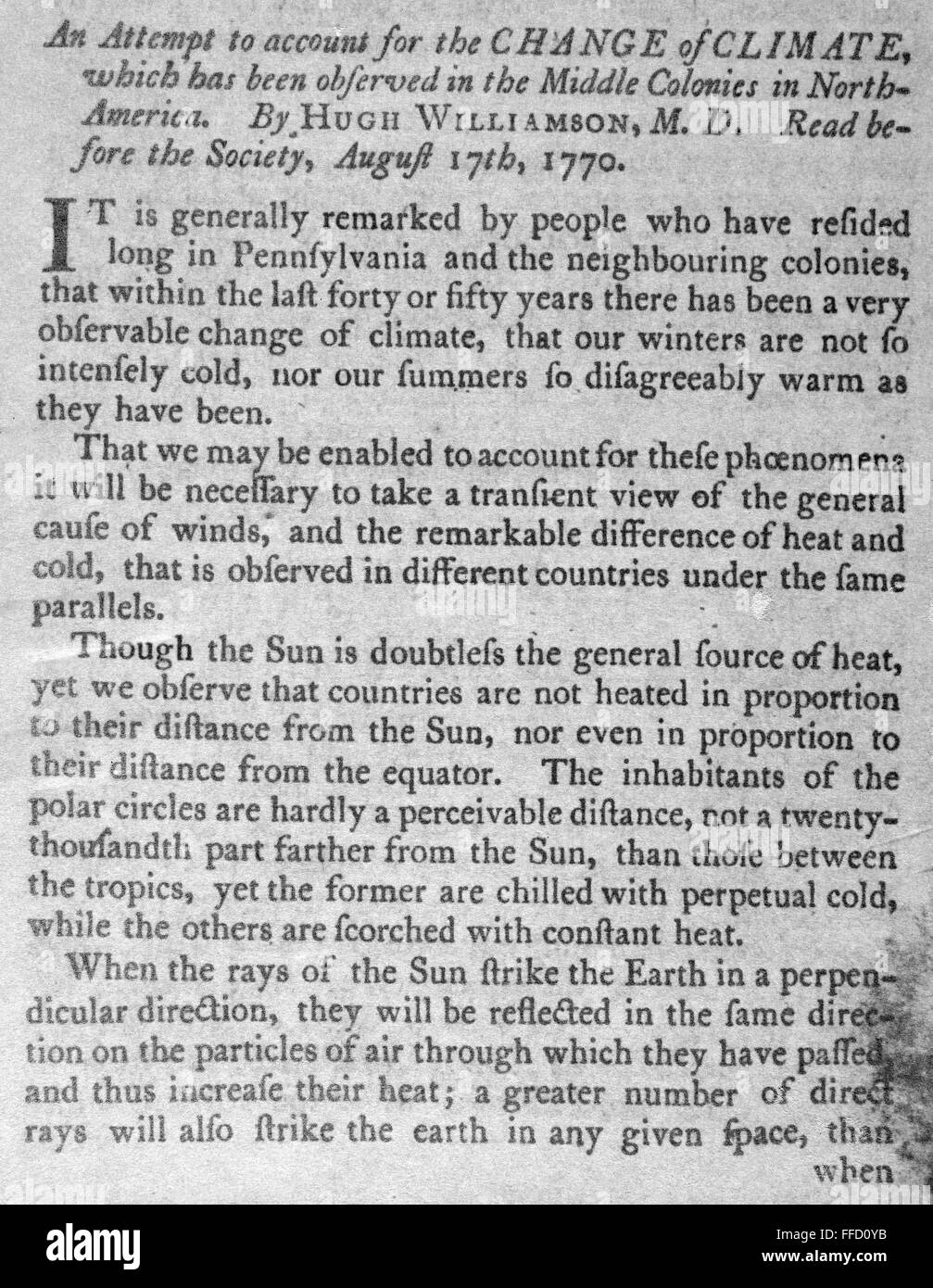CLIMATE CHANGE, 1770. /nAn attempt to account for the change of climate in the Middle Colonies. The begining of a paper read before the American Philosophical Society, 1770. Stock Photo