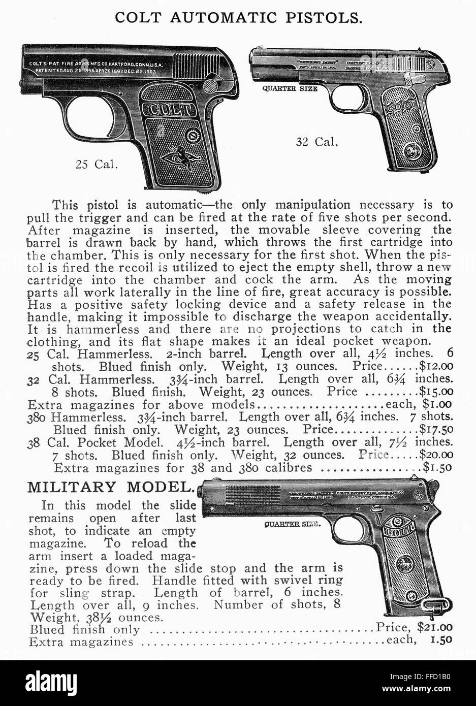 COLT AUTOMATIC PISTOLS. /nPage from an Abercrombie and Fitch catalog advertising Colt automatic pistols, early 20th century. Stock Photo