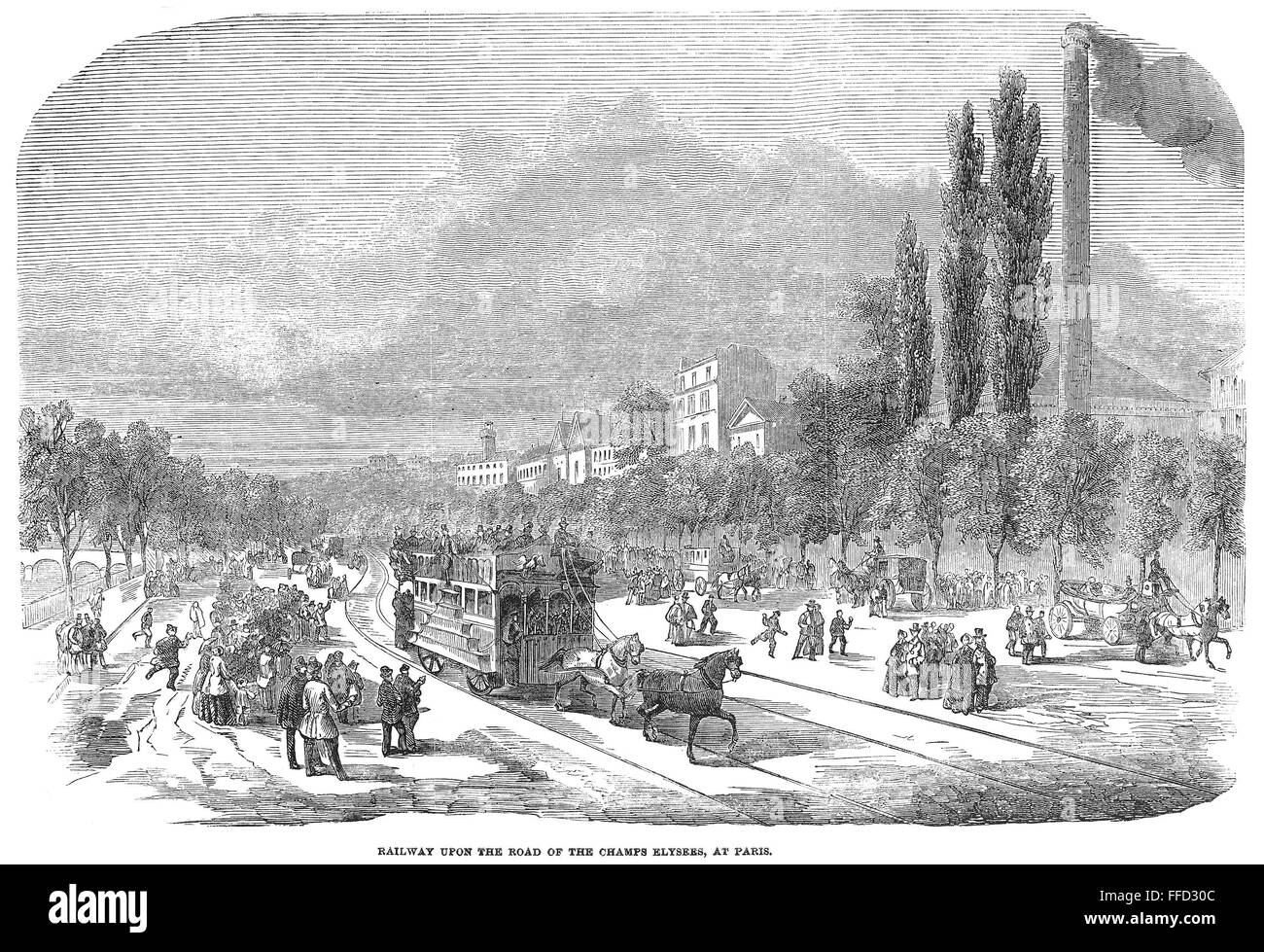 STREET RAILWAY, 1853. /nA horse-drawn car on the new street railway along the Champs-╔lysΘes in Paris, France. Wood engraving, English, 1853. Stock Photo