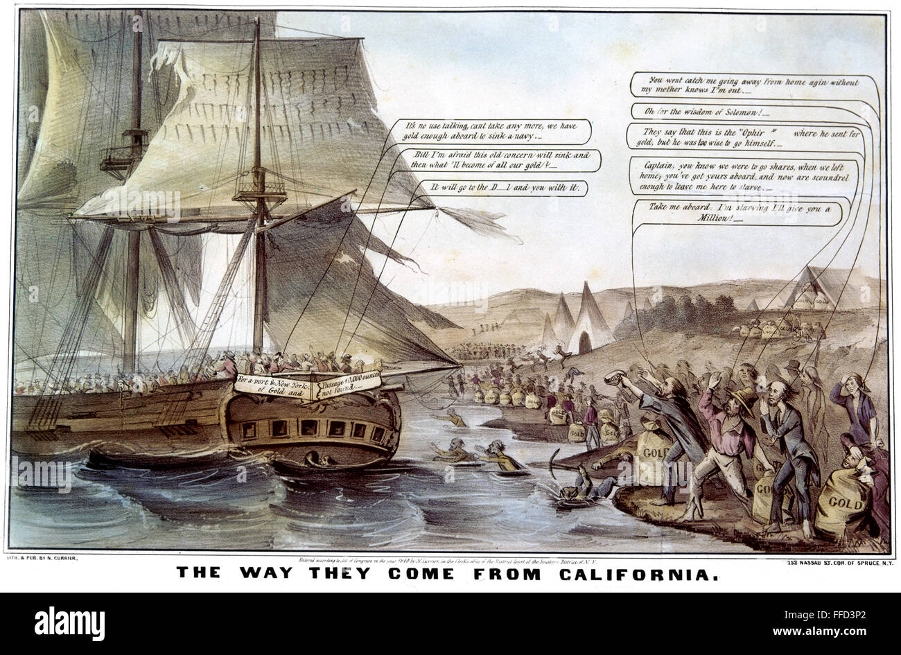 GOLD RUSH CARTOON, 1849. /n'The Way They Come From California.' Cartoon