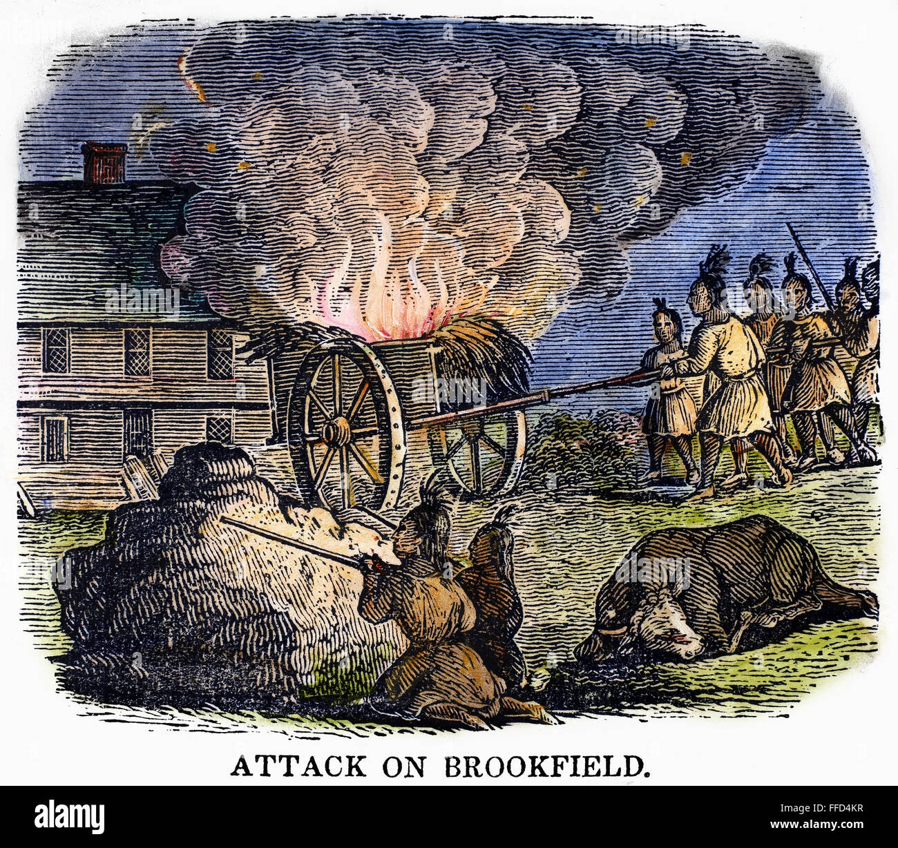 NATIVE AMERICAN ATTACK, 1675. /nNative Americans attacking a Massachusetts village (Brookfield or Deerfield) during King Philip's War, 1675. Wood engraving, American, c1829. Stock Photo