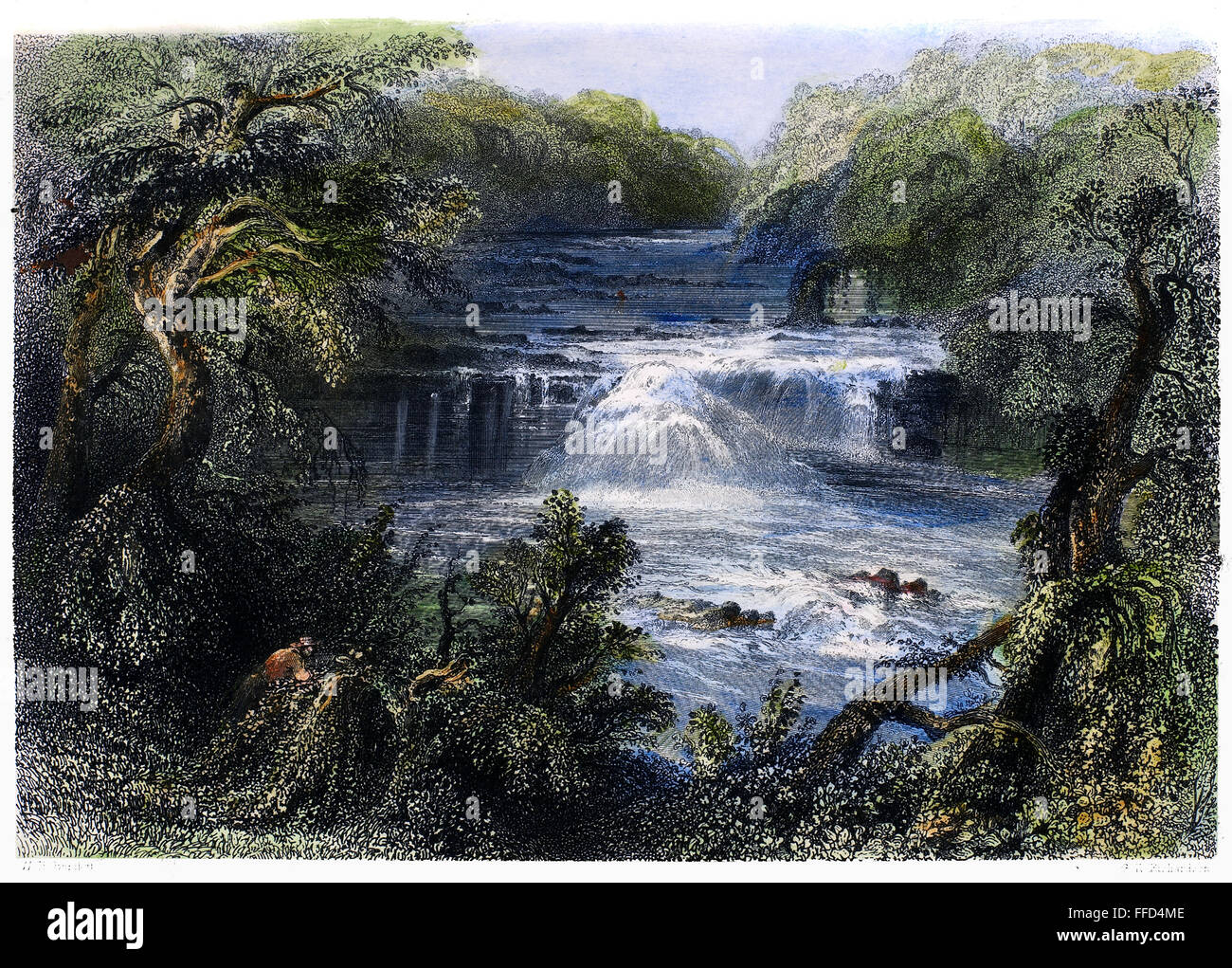 IRELAND: SALMON LEAP, c1840. /nView of the Salmon Leap at the confluence of the rivers Liffey and Rye at Leixlip, County Kildare, Ireland. Steel engraving, English, c1840, after William Henry Bartlett. Stock Photo