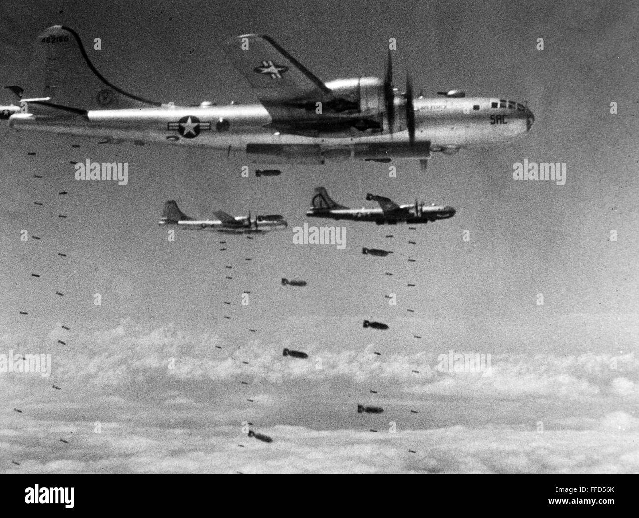 KOREAN WAR: B-29 BOMBERS. /nU.S. Air Force B-29 Superfortresses on a bombing mission over Konan, North Korea. Photograph,  c1951. Stock Photo