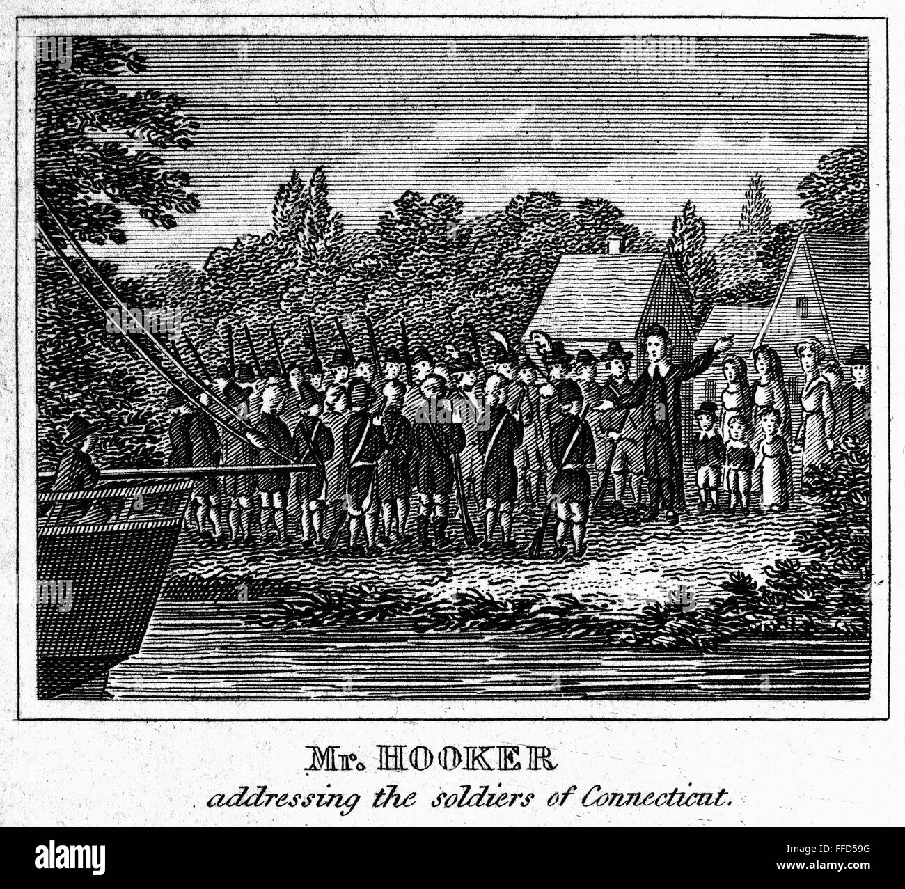 CONNECTICUT: PEQUOT WAR. /nColonial and religious leader Thomas Hooker addressing the soldiers of Connecticut Colony during the Pequot War (1636-37). Line engraving, early 19th century. Stock Photo