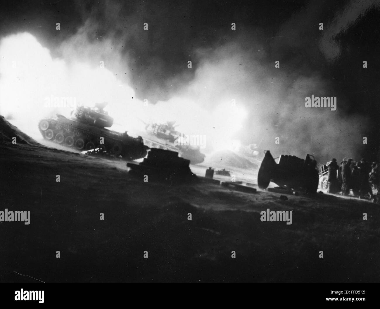 KOREAN WAR: TANKS. /nAmerican tanks fighting at night in Korea. Photograph, c1952. Stock Photo