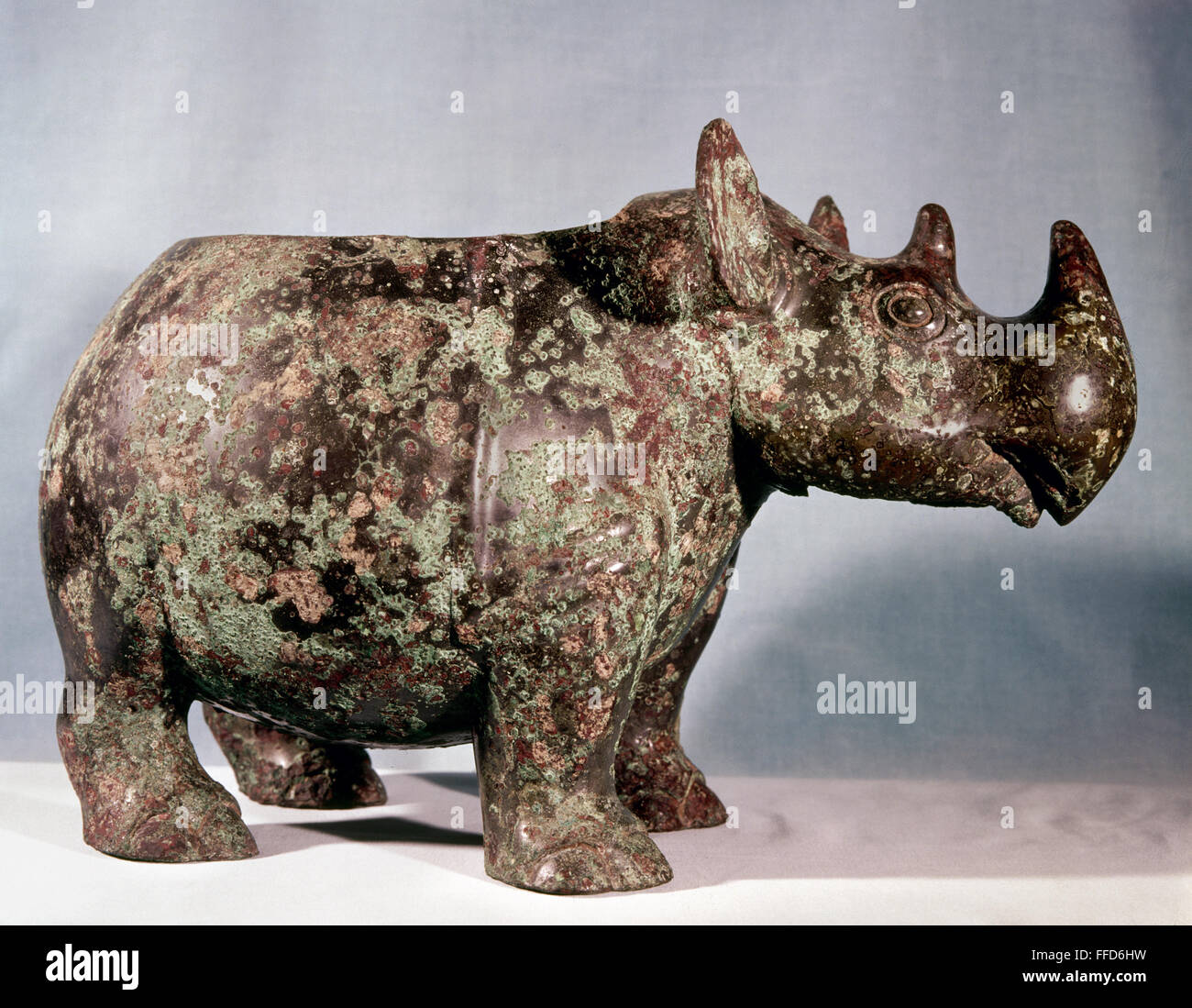 CHINA: BRONZE SCULPTURE. /nBronze 'tsun' wine vessel in the shape of a rhinoceros. Late Shang Dynasty, 11th century B.C. Stock Photo