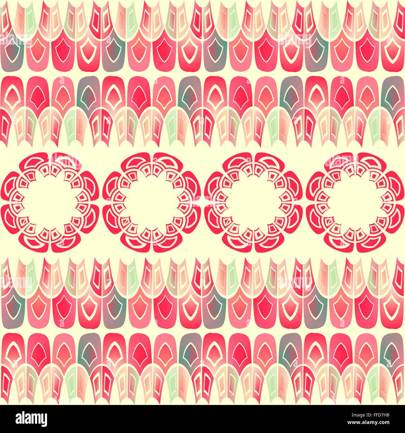 Ethnic pattern, predominantly in red tones, made exclusively from geometric shapes. Geometric digital art. Stock Photo