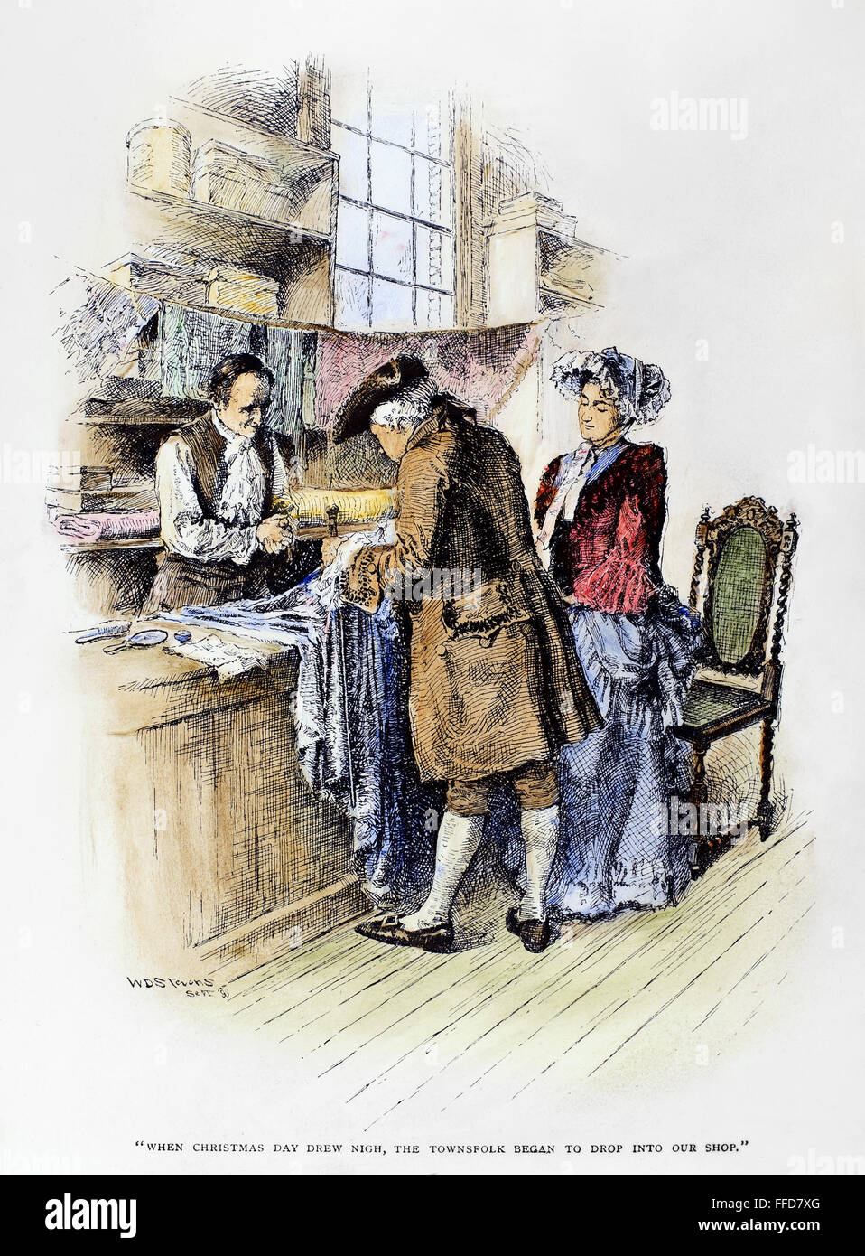 CHRISTMAS SHOPPING, c1750. /nLine drawing, American, 1896. Stock Photo