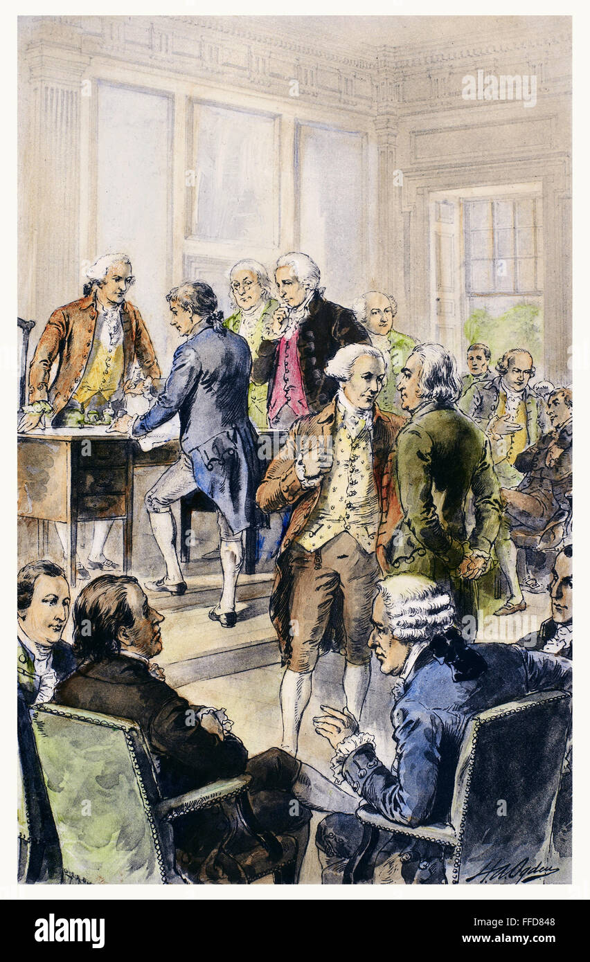 DECLARATION OF INDEPENDENCE /nSigning of the Declaration of Independence on 4 July 1776. Drawing by Henry A. Ogden (1856-1936). Stock Photo