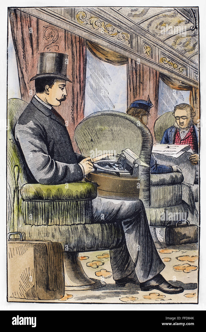 PORTABLE TYPEWRITER, 1889. /nA man using a Victor portable typewriter while riding in a railroad car. Wood engraving, American, 1889. Stock Photo