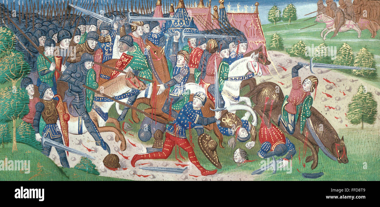 HUNDRED YEARS' WAR. /nEnglish troops under the Duke of Lancaster flee from battle with the French. Manuscript illumination, 15th century, from an edition of Froissart's 'Chronicles.' Stock Photo