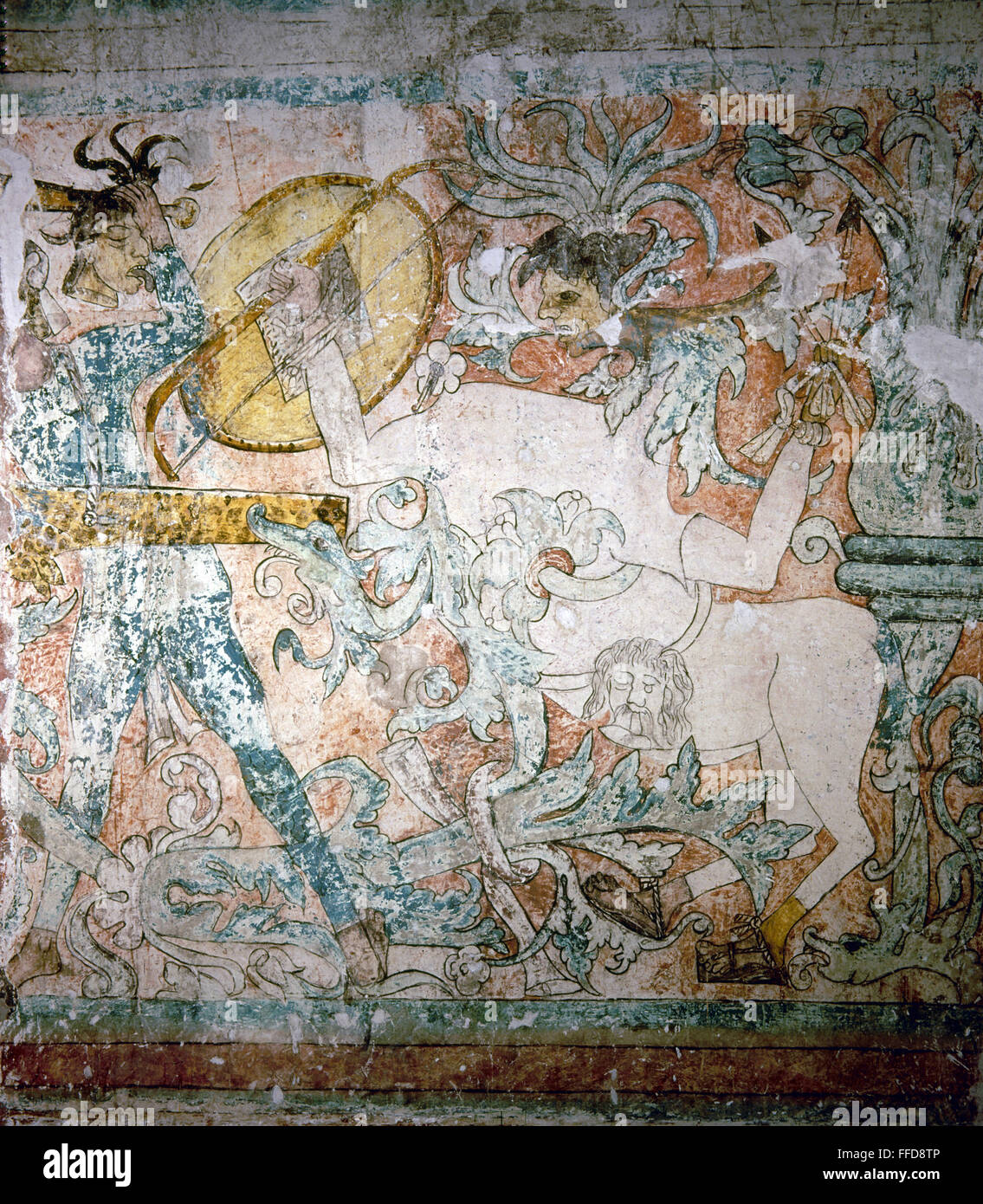 MEXICO: IXMIQUILPAN FRESCO. /nFresco painting of a fanciful battle ...