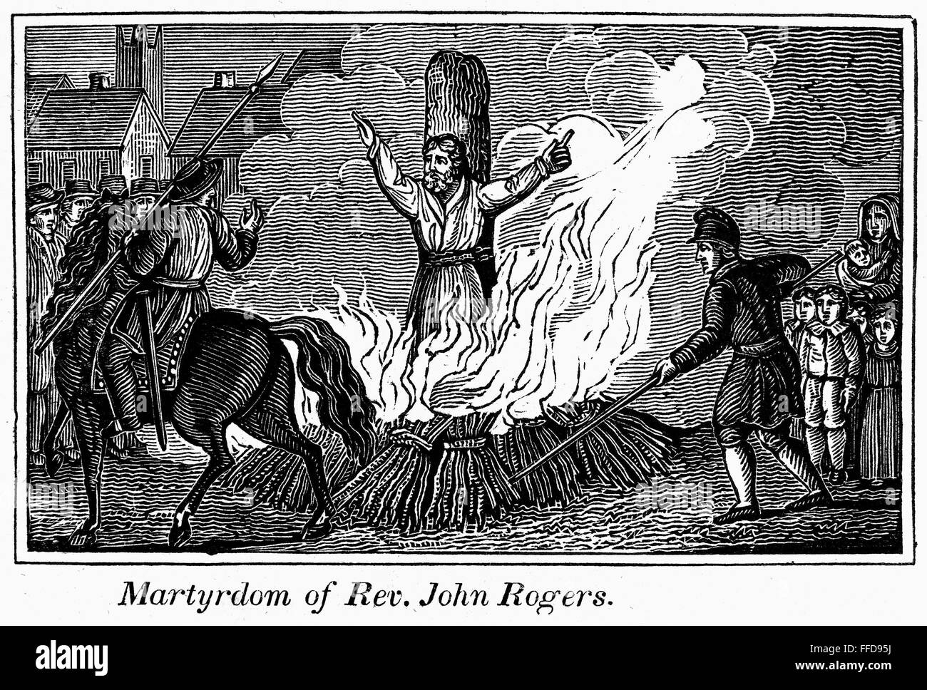 FOXE: BOOK OF MARTYRS. /nMartyrdom of Rev. John Rogers, 1555, in England. Line engraving, 19th century. Stock Photo