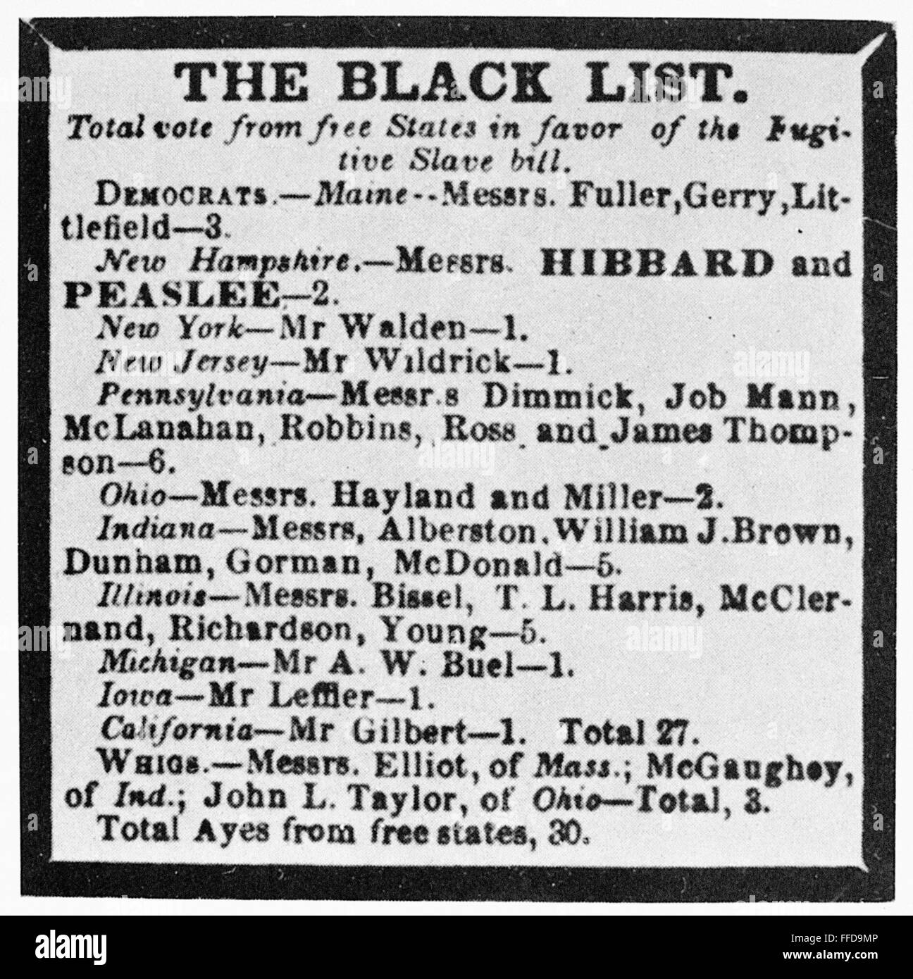 FUGITIVE SLAVE ACT, 1850. /n'The Black List.' Contemporary broadside