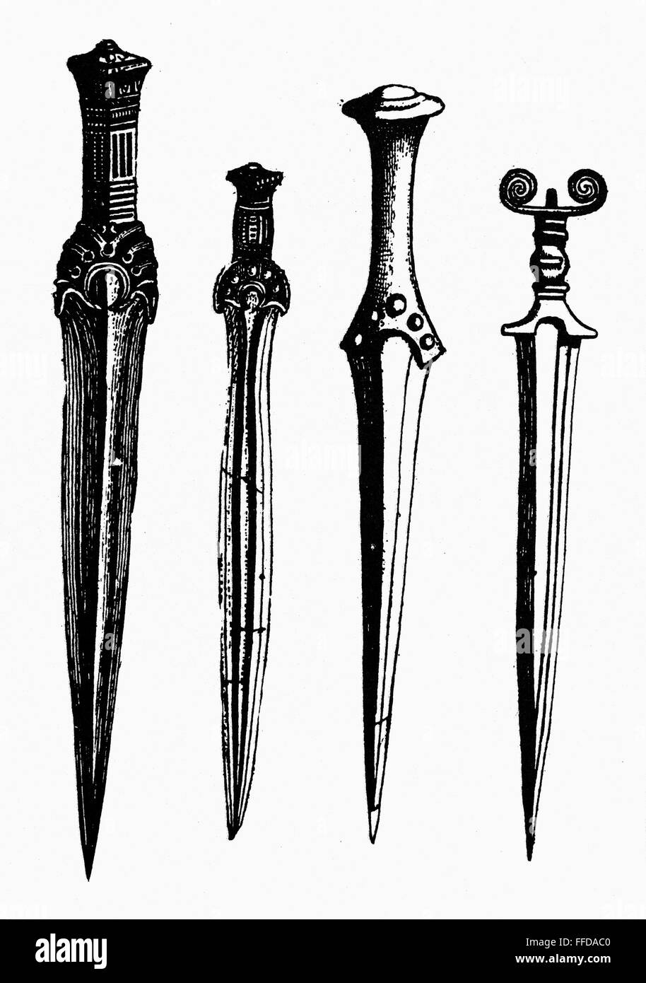 BRONZE AGE DAGGERS. /nVarious bronze age daggers. Line engraving Stock