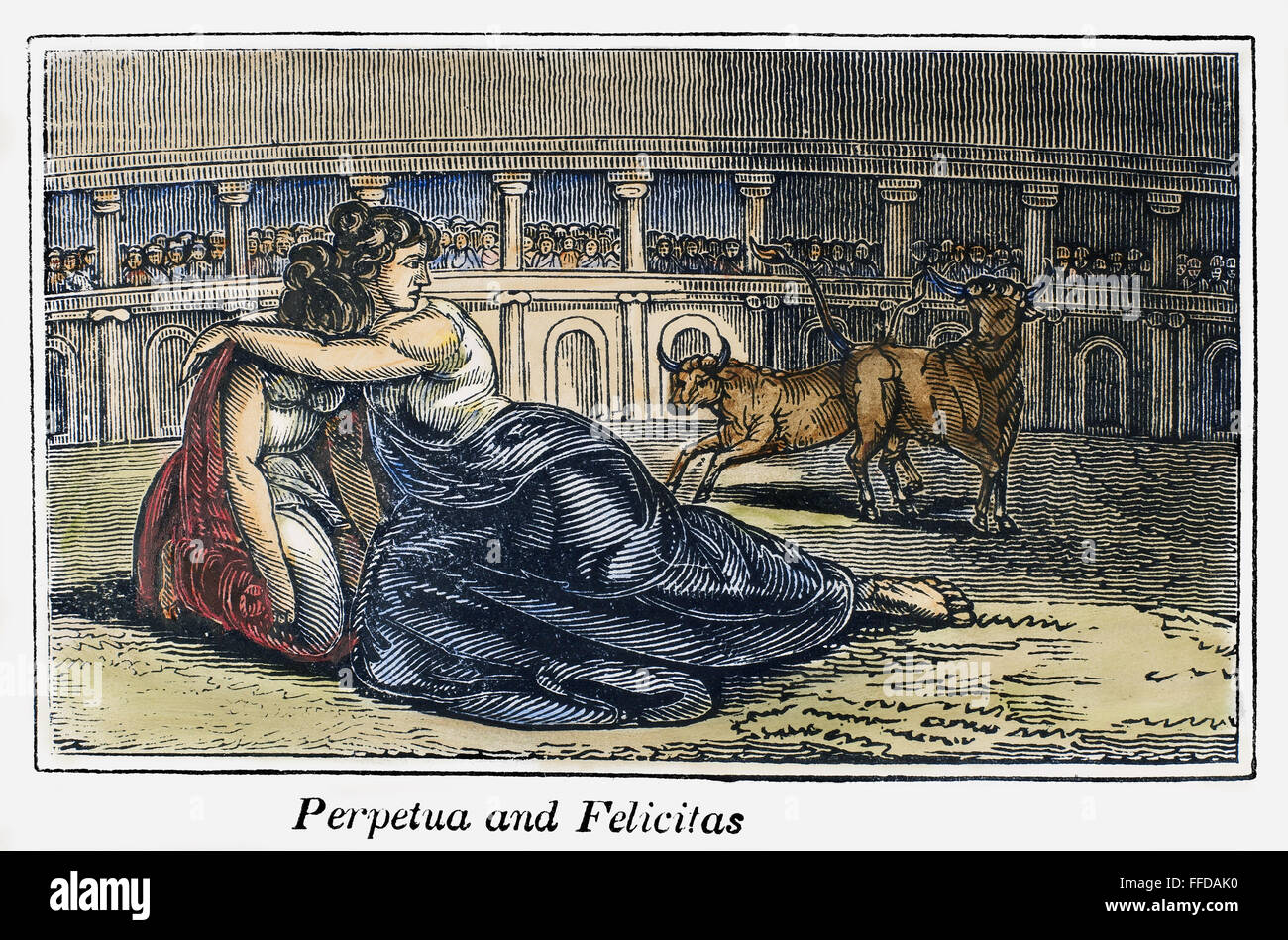 ROME: PERPETUA & FELICITAS. /nMartyrdom of Saints Perpetua and Felicitas at the Roman Colosseum, c203. Wood engraving from an 1832 American edition of John Foxe's 'Book of Martyrs.' Stock Photo