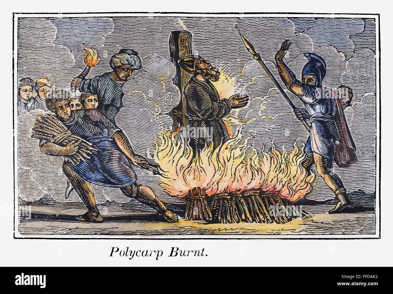 POLYCARP OF SMYRNA /n(c69-c155). Christian martyr and saint. Polycarp burned at the stake by the Romans in 155. Wood engraving from an 1832 American edition of John Foxe's 'Book of Martyrs.' Stock Photo