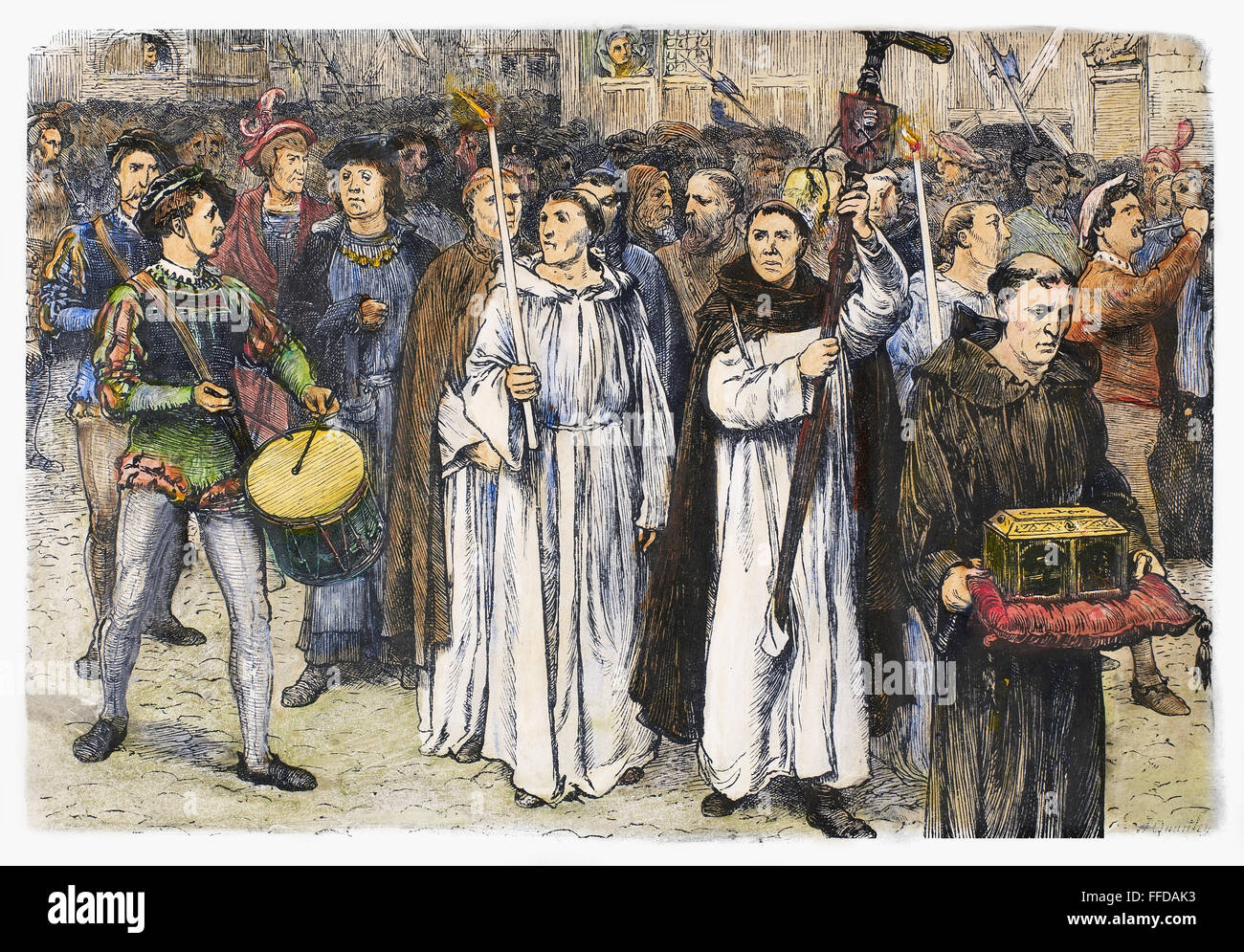 JOHANN TETZEL (1465-1519). /nGerman Dominican monk and inquisitor. Tetzel (holding cross) leading a procession through a German town in 1517, offering the sale of indulgences. Wood engraving, English, c1875. Stock Photo