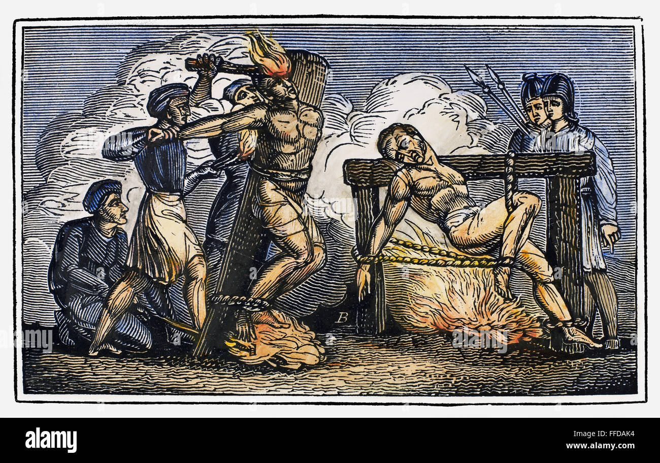 HERESY: TORTURE, c1550. /nSlow torture of religious martyrs accused of heresy. Wood engraving from an 1832 American edition of John Foxe's 'The Book of Martyrs.' Stock Photo