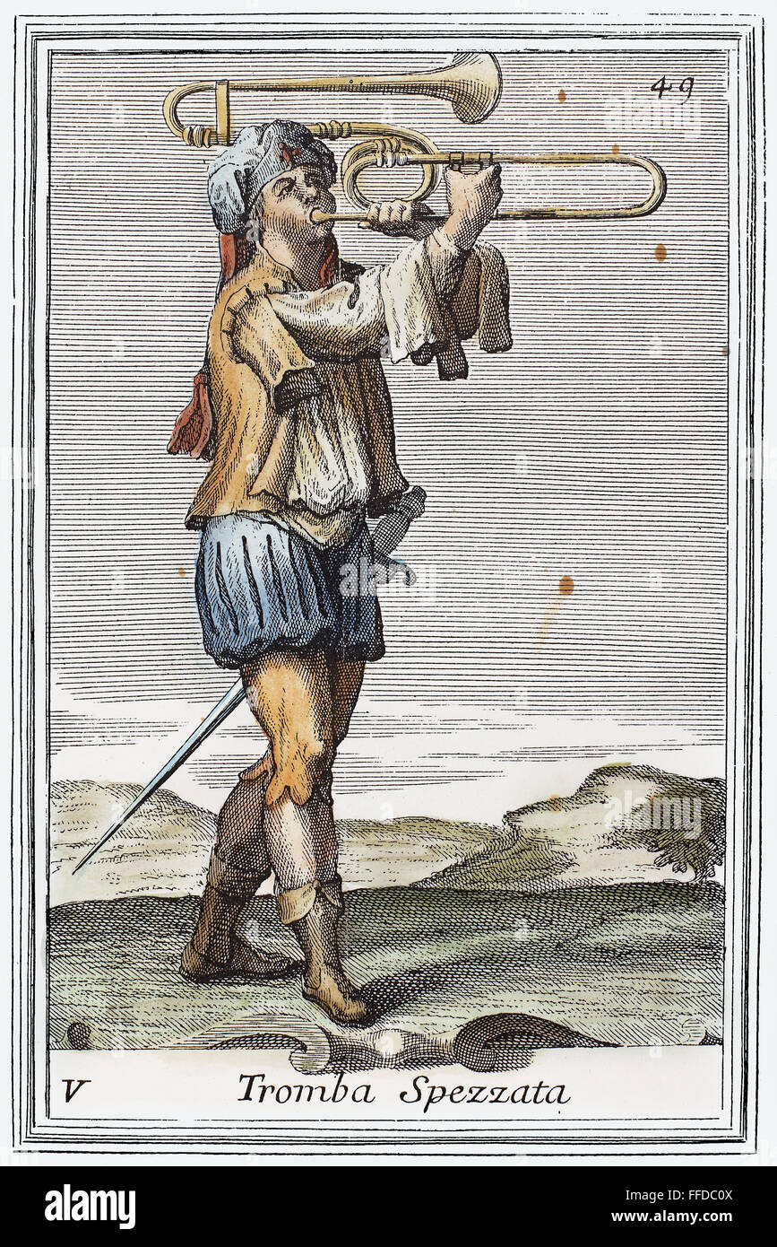 BASS TROMBONE, 1723. /nIn principle a trumpet with a movable Ushaped