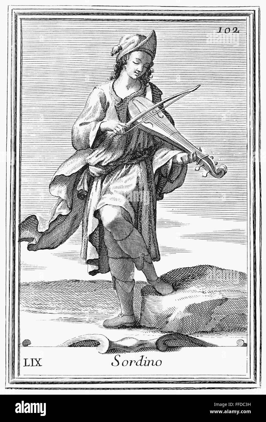 KIT, 1723. /nA man playing a kit, or dancing master's fiddle. Copper engraving, 1723, by Arnold van Westerhout. Stock Photo