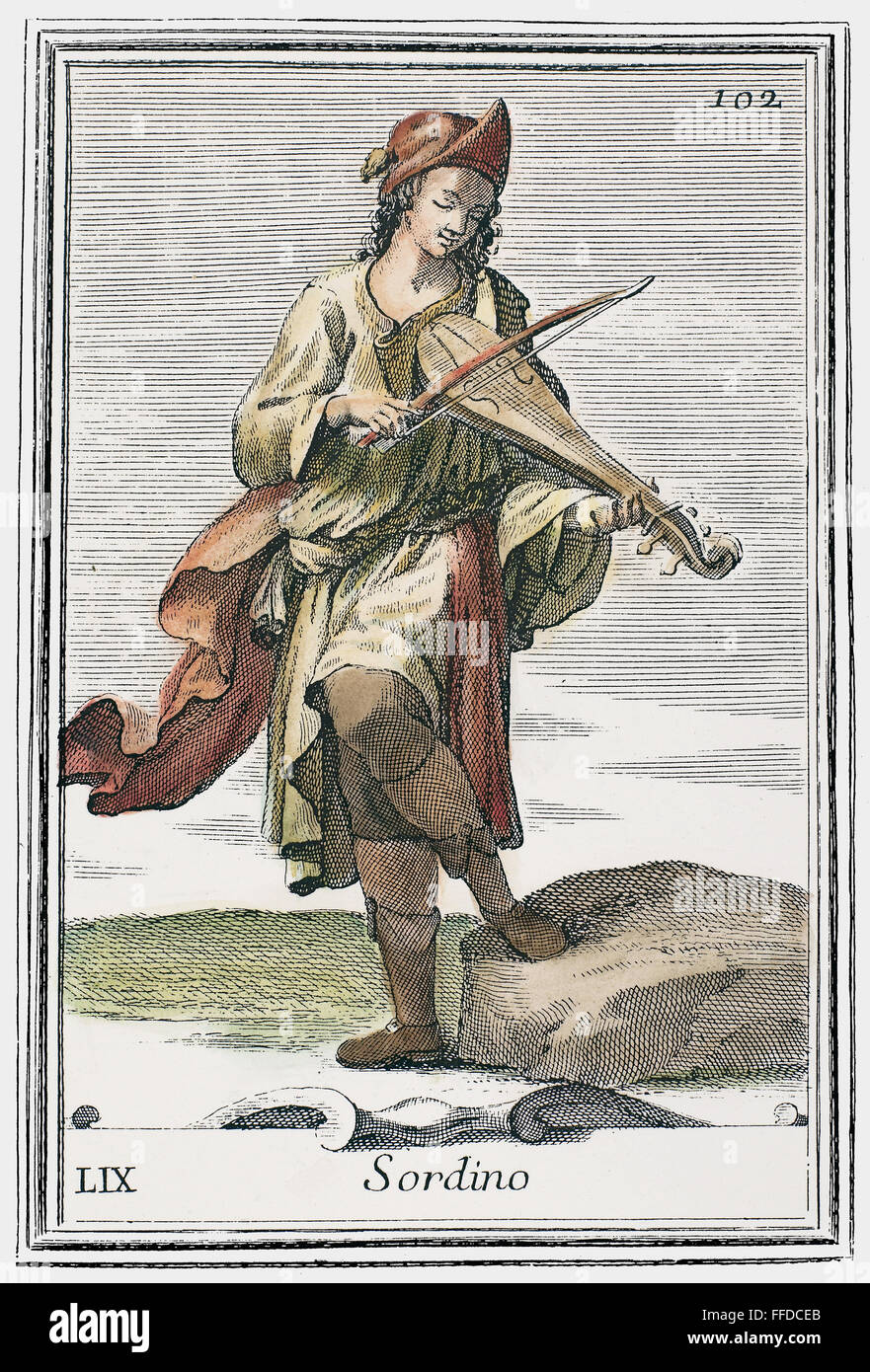 KIT, 1723. /nA man playing a kit, or dancing master's fiddle. Copper engraving, 1723, by Arnold van Westerhout. Stock Photo