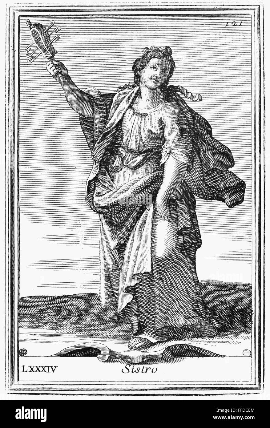 SISTRUM. /nA woman playing a sistrum, a percussion instrument used in ancient times by peoples of the Mediterranean. Copper engraving, 1723, by Arnold van Westerhout. Stock Photo