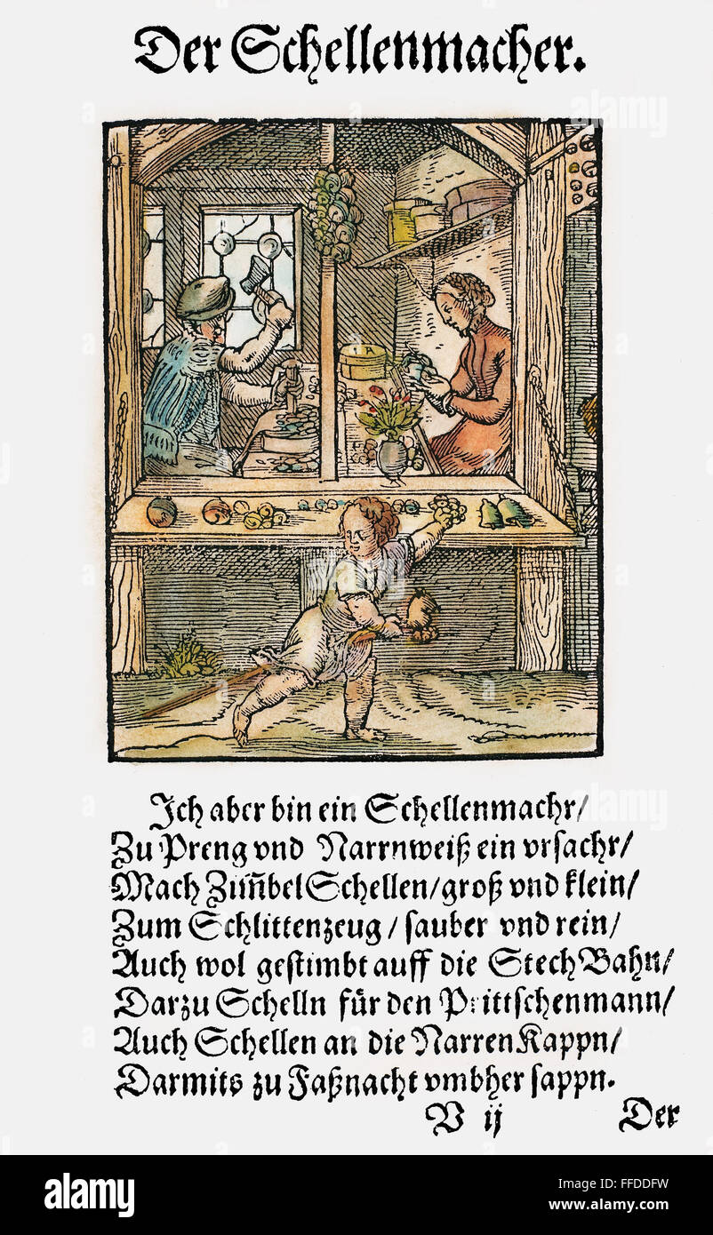 BELL MAKER, 1568. /nA maker of small bells, to be used for such items as tambourines, sleighs, and fools' caps. Woodcut, 1568, by Jost Amman. Stock Photo