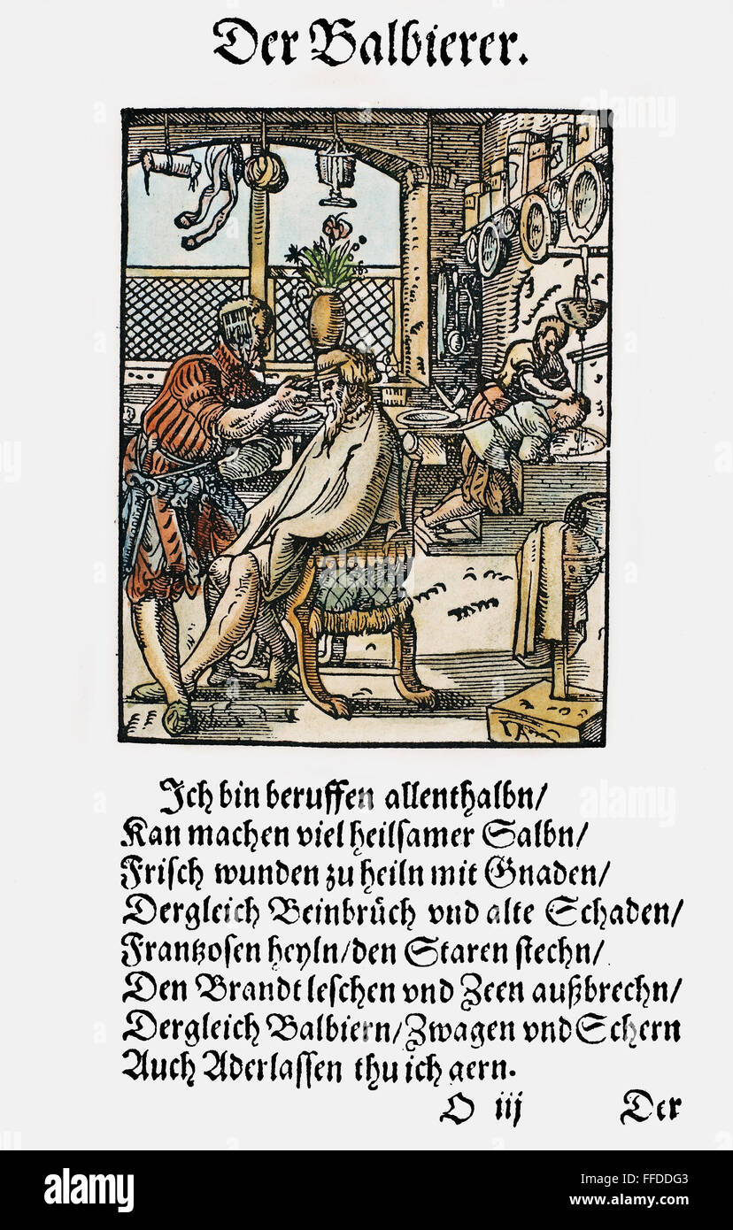 BARBER-SURGEON, 1568. /nA barber-surgeon with a customer in his shop, where, in addition to cutting hair, he pulls teeth, provides salves for wounds and broken bones, treats syphilis and bleeds patients. Woodcut, 1568, by Jost Amman. Stock Photo