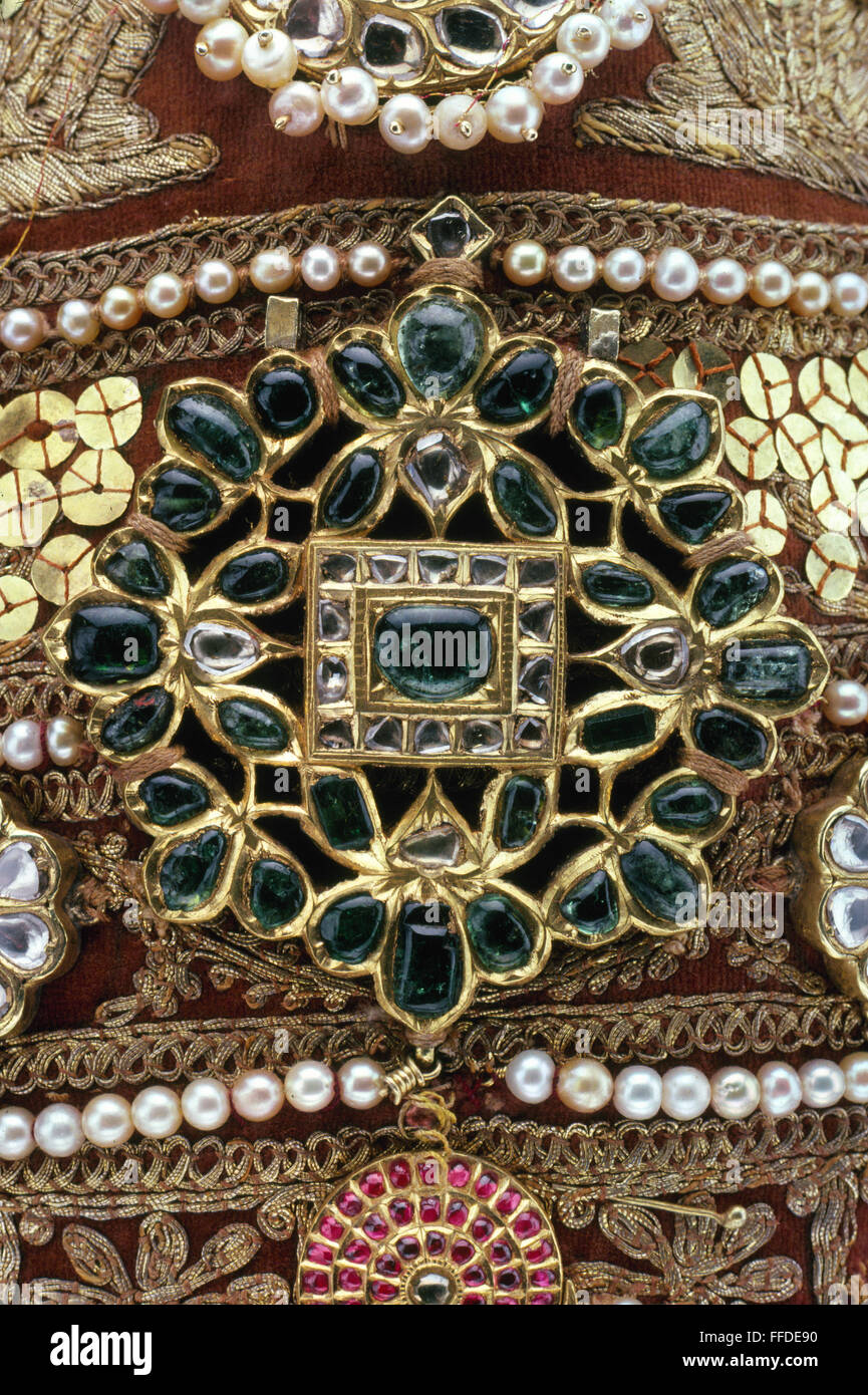 INDIA: MAHARAJA CROWN. /nDetail of a crown of the Wadiyar dynasty of Mysore, India, decorated with nine different kinds of precious stones. Stock Photo