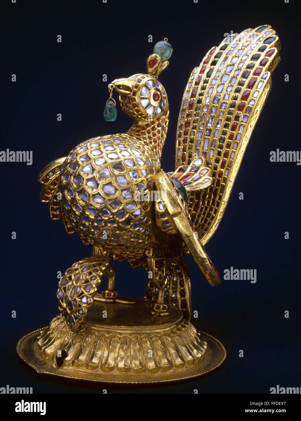INDIA: MYSORE TREASURE. /nGold and jewel mythological peacock, which would have been perched atop the maharaja's throne umbrella at the palace of Mysore, India. Stock Photo
