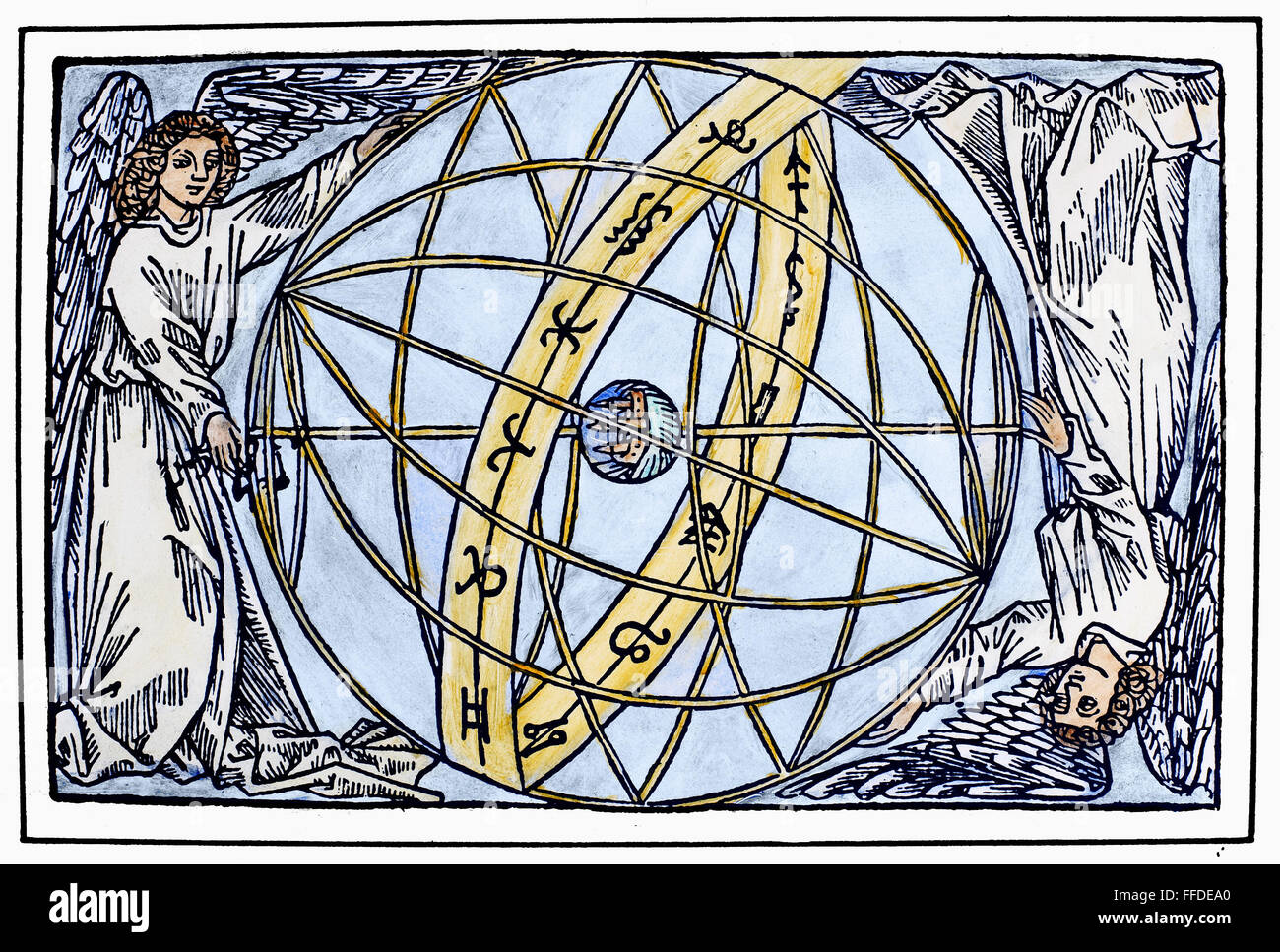 ARMILLARY SPHERE, 1509. /nTwo antipodal angels holding an armillary sphere with the zodiac. Woodcut from an edition of Johannes de Sacrobosco's 'Textus spere materialis,' Leipzig, Germany, 1509. Stock Photo