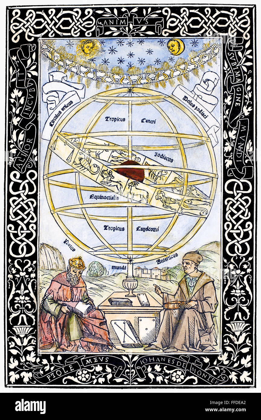 ARMILLARY SPHERE, 1543. /nPtolemy (left), the Alexandrian astronomer, and the German mathematician and astronomer Johann Mⁿller Regiomontanus seated beneath an armillary sphere with a zodiac. Woodcut from an edition of Regiomontanus' 'Epitome of the Almag Stock Photo