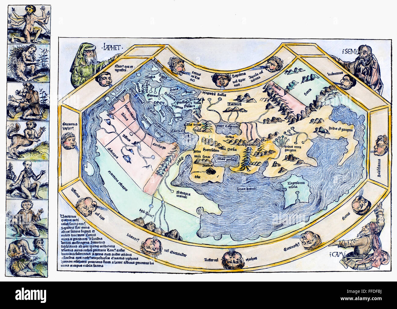 PTOLEMAIC WORLD MAP, 1493. /nPtolemaic world map, including depictions of Noah's sons, Japhet, Shem and Ham, progenitors of the human race in Judeo-Christian tradition. Woodcut from the 'Nuremberg Chronicle,' 1493. Stock Photo