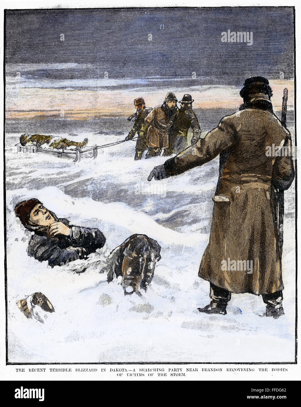 DAKOTA BLIZZARD, 1888. /nA search party near Brandon (present-day South Dakota) pulling corpses from the snow following the blizzard of January 1888 in the Dakota Territory. Contemporary American wood engraving. Stock Photo
