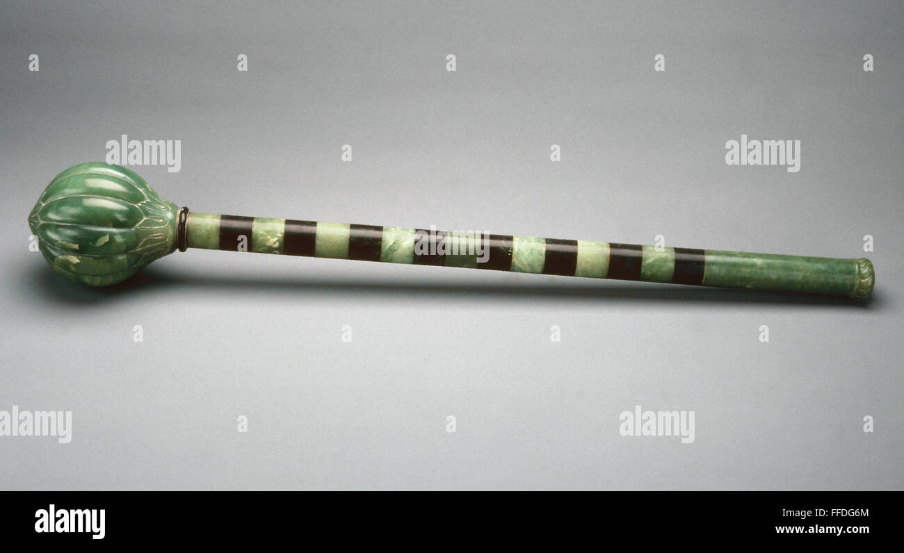 INDIAN MACE. /nCut stone decorative mace with a jade head. From the