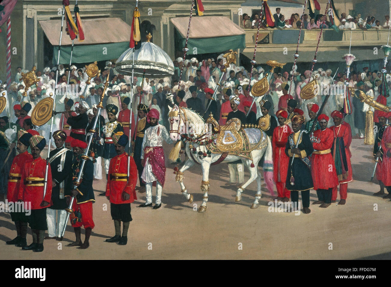 INDIA: PROCESSION. /nCeremonial procession in the state of Mysore, India, during the reign of Krishna Raja Wadiyar IV, 1902-1940. Detail of an Indian painting, early 20th century. Stock Photo