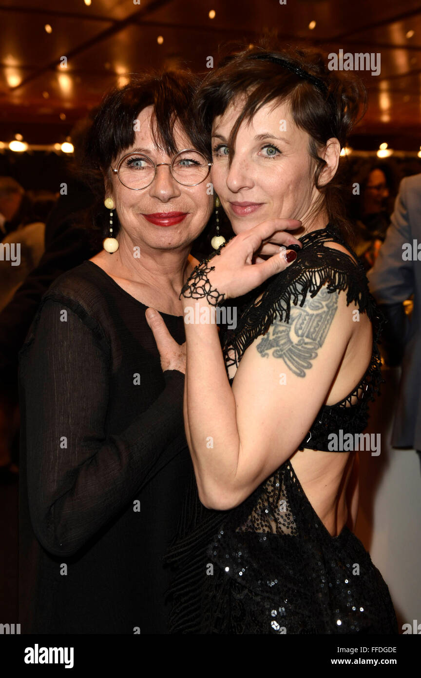 Berlin, Germany. 11th Feb, 2016. Monika Hansen and Meret Becker attending the Opening Party of the 66th Berlin International Film Festival/Berlinale 2016 at Berlinale Palast on February 11, 2016 in Berlin, Germany. Credit:  dpa/Alamy Live News Stock Photo