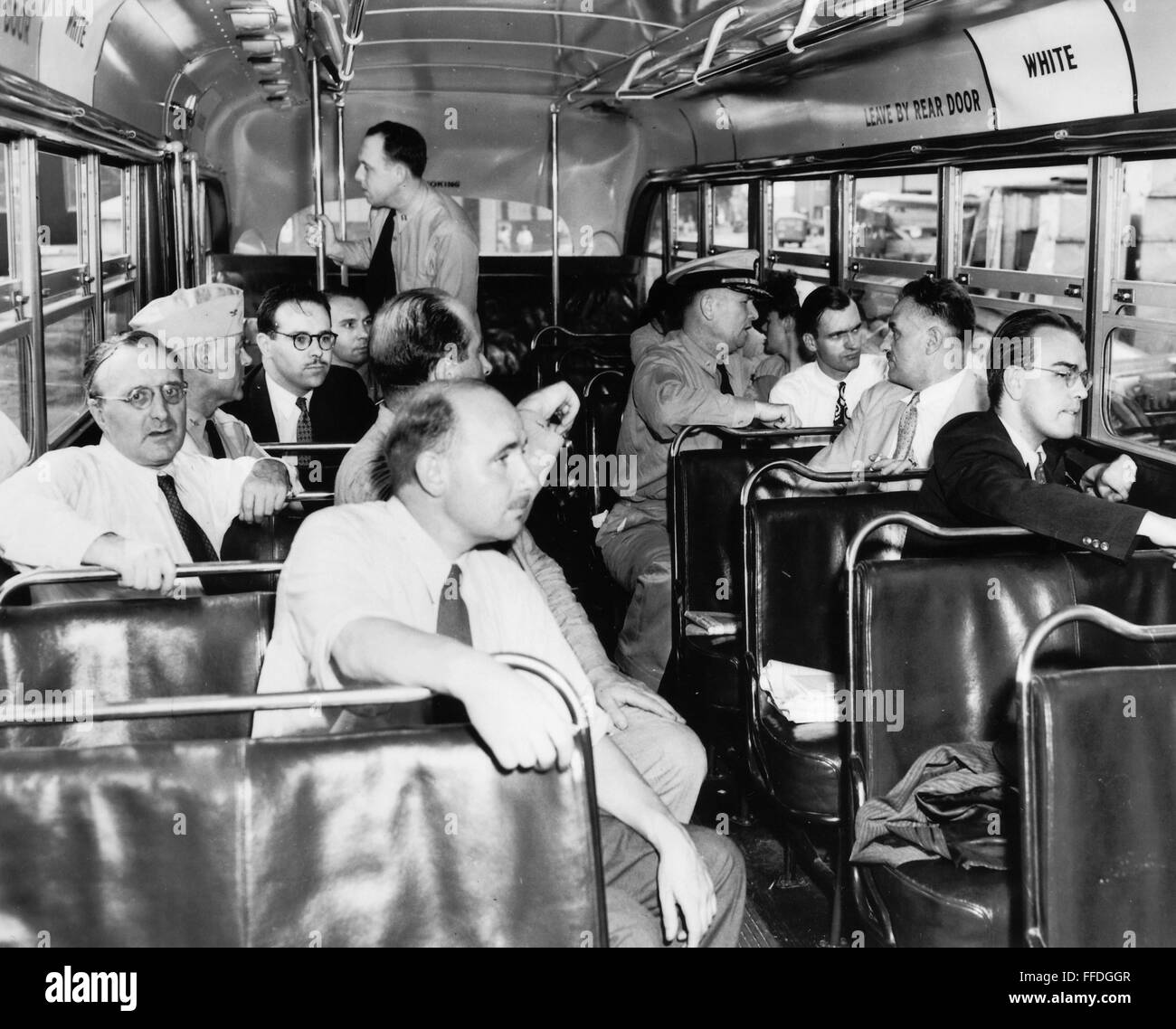 SEGREGATED BUS. /nInterior of a segregated bus, mid-20th century. Stock Photo