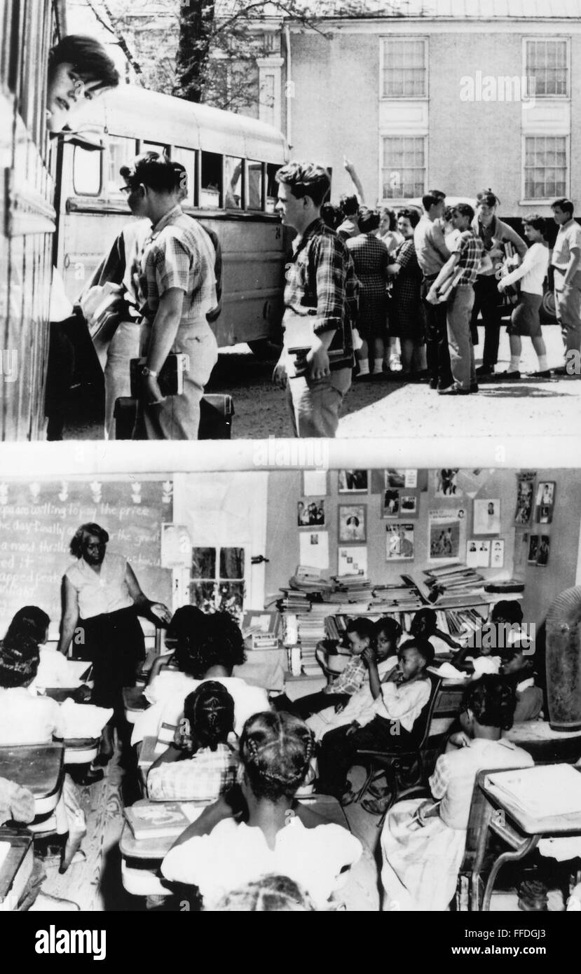SEGREGATED SCHOOLS, 1961. /nTop: White students boarding buses for private schools. Bottom: African American students attending school in a one-room schoolhouse. Photographed in Farmville, Virginia, 1961. Stock Photo