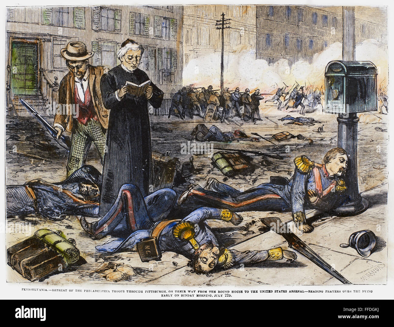 GREAT RAILROAD STRIKE, 1877. /nA priest reads prayers over dying militiamen as the troops retreat through Pittsburgh, Pennsylvania, during the Great Railroad Strike, 22 July 1877. Contemporary American wood engraving. Stock Photo