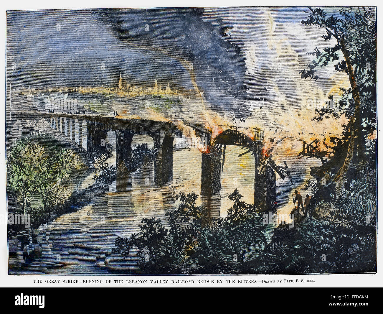 GREAT RAILROAD STRIKE, 1877. /nBurning of the Lebanon Valley Bridge, on