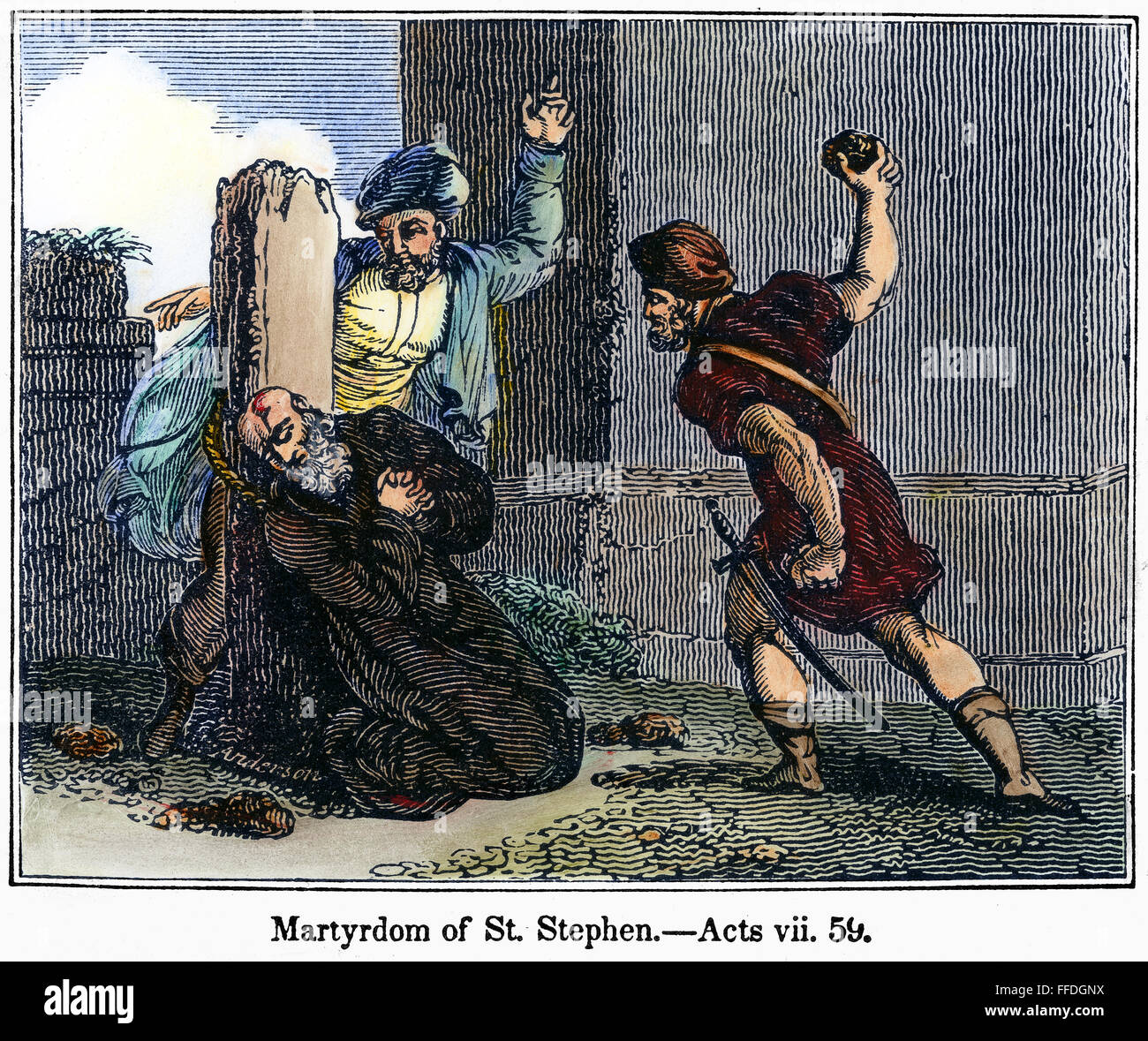 MARTYRDOM OF ST. STEPHEN. /nSt. Stephen stoned to death in Jerusalem, c35 A.D. Wood engraving, American, c1840. Stock Photo