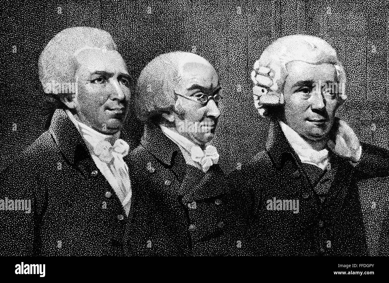 EDWARD BANCROFT (1744-1821). /nAmerican physician and double agent during the American Revolution. Bancroft, far left, with Dr. Ware and Dr. Thomas Bradley. Detail from an engraved group portrait of the founders of the Medical Society of London, by Samuel Stock Photo