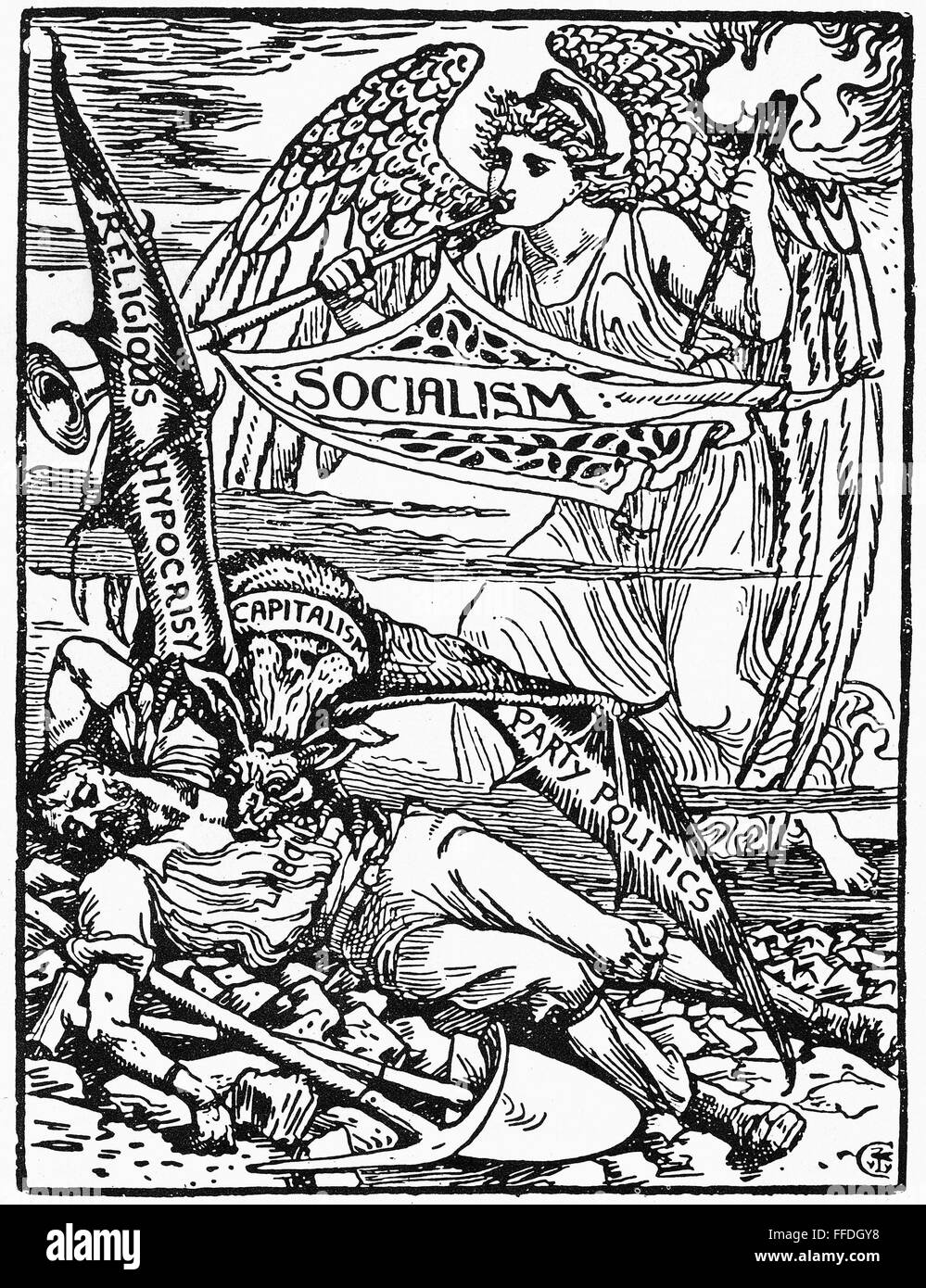 SOCIALIST ALLEGORY, 1885. /nThe angel of socialism approaching to rescue labor from being devoured by the vampire of capitalism. Pen-and-ink drawing, 1885, by Walter Crane. Stock Photo