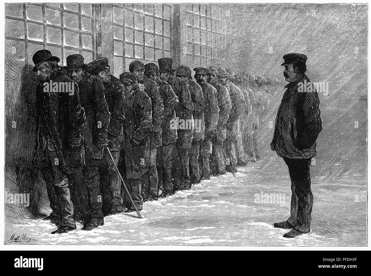 NEW YORK: POORHOUSE, 1875. /nA line of men wait in the snow for dinner at the poorhouse on Randall's Island in the East River. Wood engraving, American, February 1875. Stock Photo