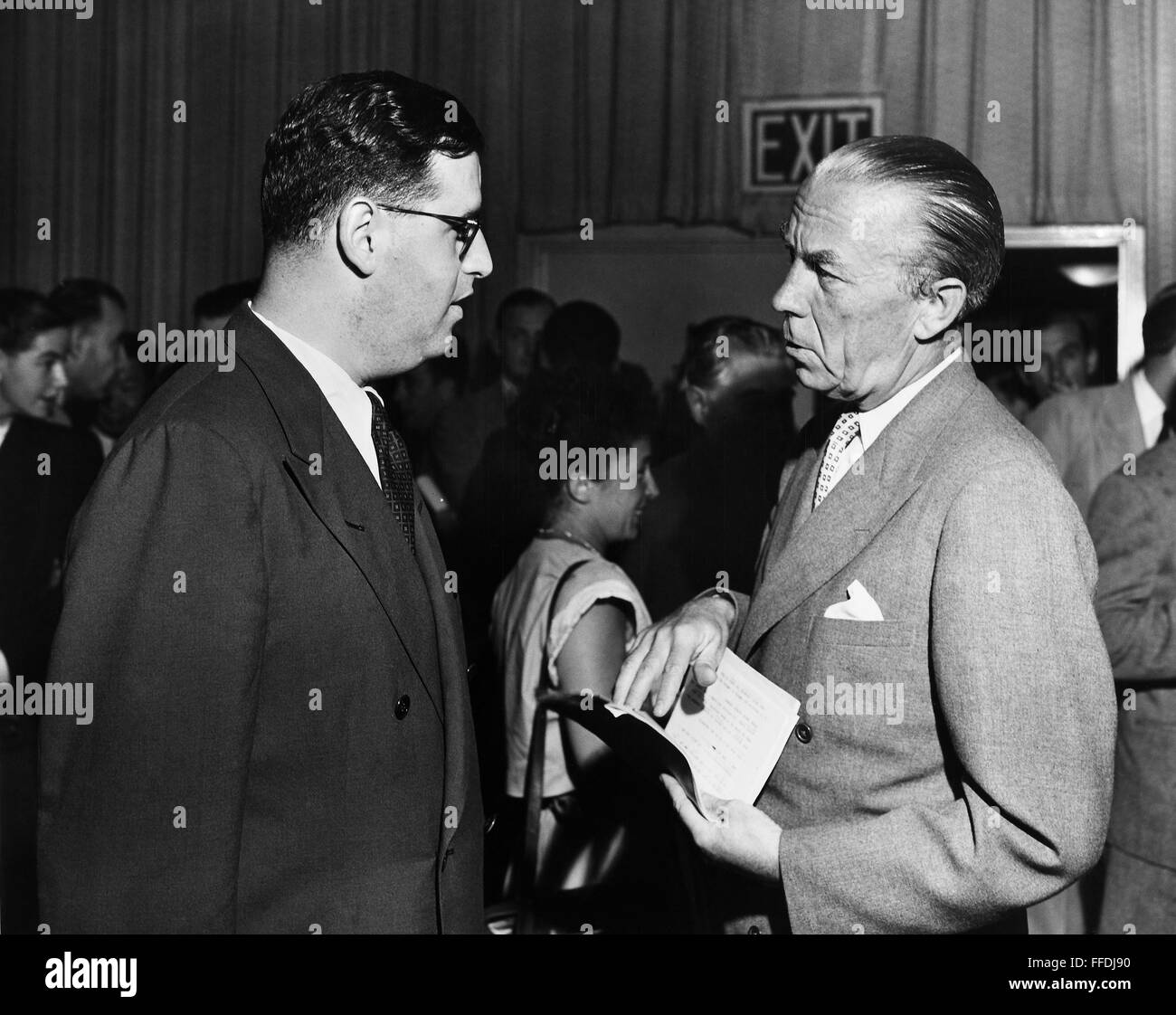 FOLKE BERNADOTTE (1895-1948). /nCount of Wisborg and Swedish diplomat. Bernadotte (right) speaking with United Nations Israeli delegate, Major Aubrey Eban, in the Delegates Lounge at Lake Success, New York, 13 July 1948. Stock Photo