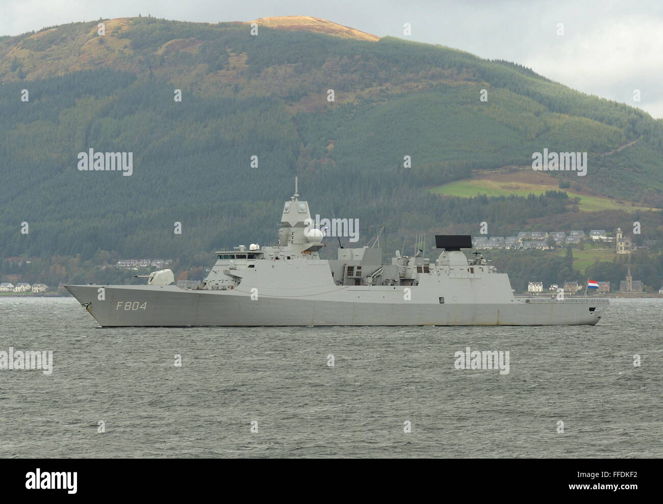 HNLMS De Ruyter (F804), a De Zeven Provincien-class frigate of the Netherlands Navy, heads out for Exercise Joint Warrior 12-2. Stock Photo