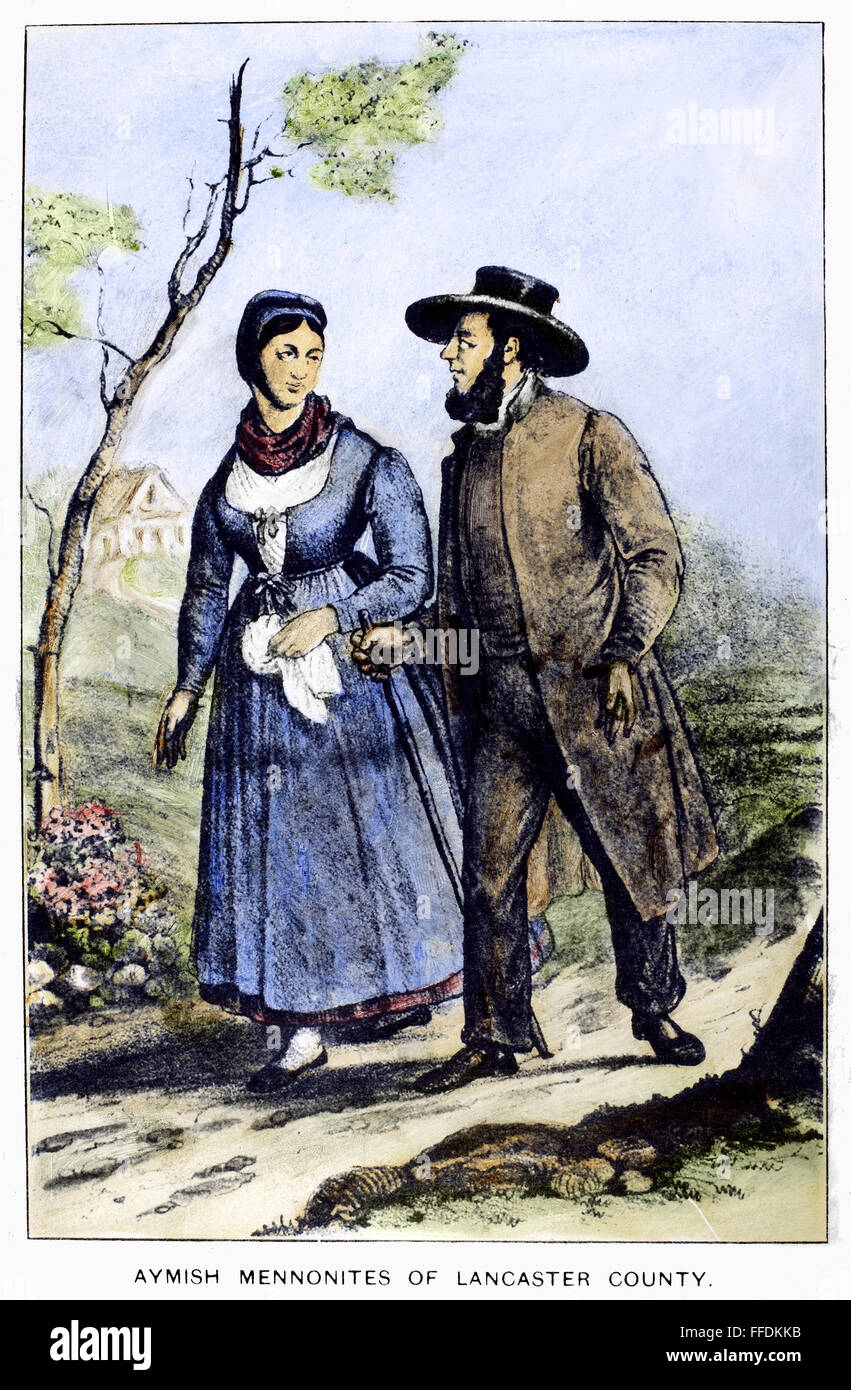 AMISH MENNONITE COUPLE. /nAn Amish Mennonite couple in Lancaster County, Pennsylvania. Lithograph, American, 19th century. Stock Photo